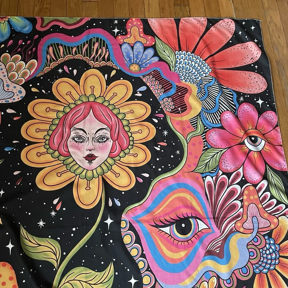 Psychedelic Sun Face Mushroom Tapestry Large Trippy Vibrant Color Wall Art 48x60
